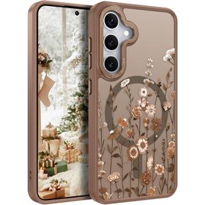 DOMAVER for Samsung Galaxy S25/ Galaxy S24 Case, Magnetic Phone Case for Samsung S25/S24 [Compatible with MagSafe] Slim Fit Flowers Floral Design Shockproof Protective Cover Women Girls Cover- Brown