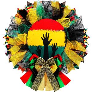 Wavwavw Black History Month Wreath for Front Door 13.7 Inch Black History Month Door Decorations Burlap Bow Wreath for Juneteenth Kwanzaa African American Hanging Sign Freedom Day Party Decor Supplies