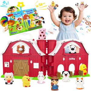 Musical Red Barn Farm Animal Toys with Tails Baby Book, Educational Preschool Farm Animals Finger Puppet for Toddlers 1-3, Montessori Learning Toys Christmas Birthday Gift for Boys Girls 12-18 Months