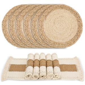 Handmade Boho Placemats Set of 6 - Natural Cotton Burlap and Water Straw Woven Combination Table Mats, Macrame Dcor and Farmhouse Style Placemats, for Dining Table Kitchen