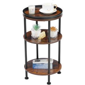 Small Round Side Table for Small Spaces, 3-Tier Round Accent Table Slim Side Table, Modern Sofa Corner Table for Living Room Nightstand Bedroom (Rustic Brown)