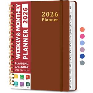 2026 Planner, Weekly and Monthly Calendar Planner, January 2026 - December 2026, Hardcover 2026 Calendar Book with Tabs For Women & Men, Inner Pocket, Spiral Bound, Perfect for Office Home School Supplies - A5 (6.3" x 8.5"), Rust Brown