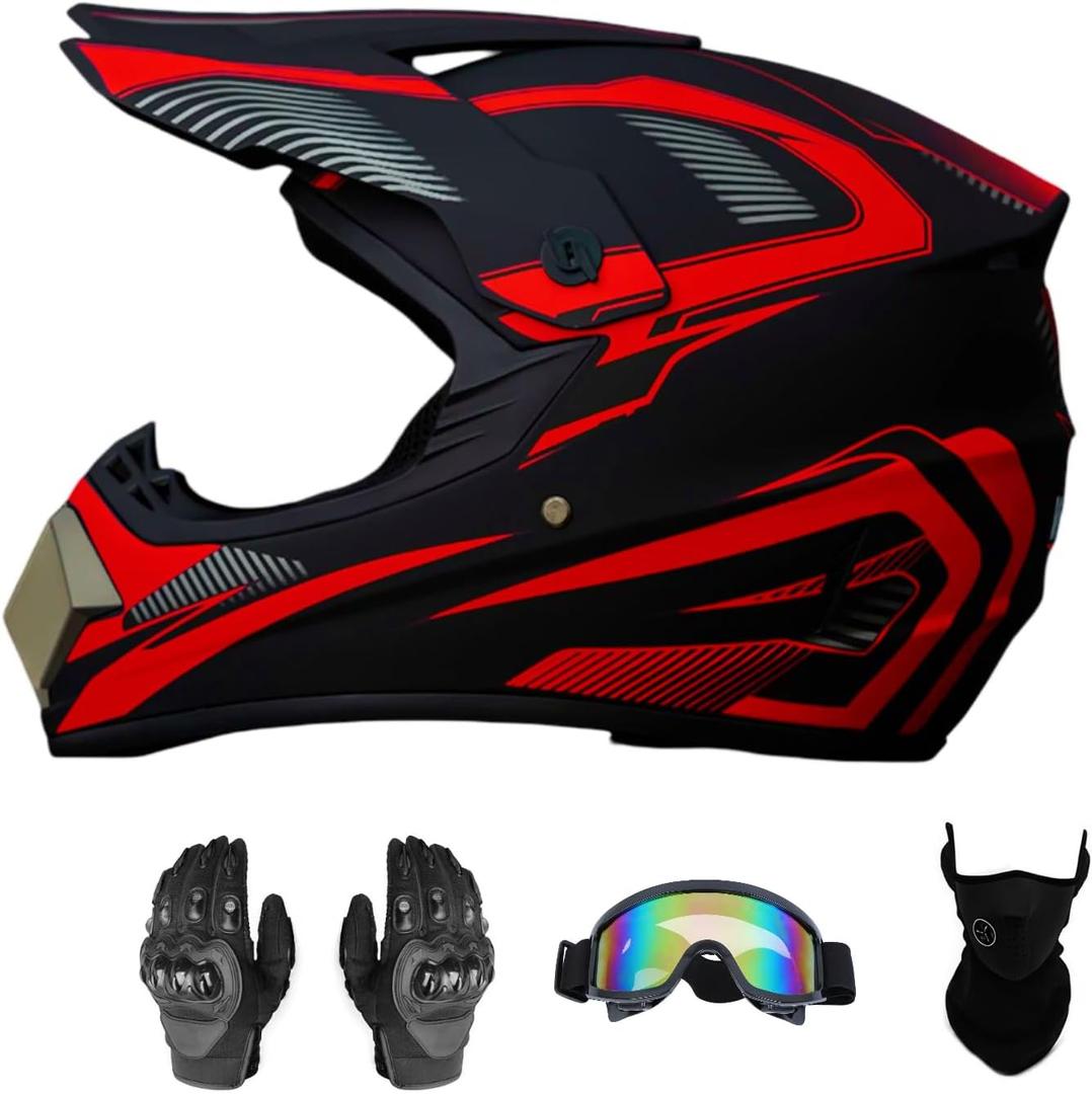 Motocross Offroad Helmet Dirt Bike Helmet BMX MX ATV Helmet Full Face Motorcycle Helmet with Gloves Goggles Mask for Unisex Adult Youth DOT/FMVSS 218 Approved (Large, Red)