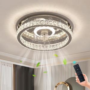 KINDLOV Crystal Ceiling Fans with Lights, Modern Ceiling Fan with Remote Control,Low Profile Ceiling Fan with Dimmable LED Light and 6 Speeds for Bedroom,Kitchen,Living Room