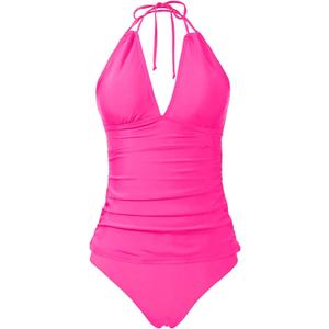 Yonique Womens Two Piece Swimsuits Tummy Control Tankini Plus Size Bathing Suit Halter V Neck Swimwear Hot Pink 18W