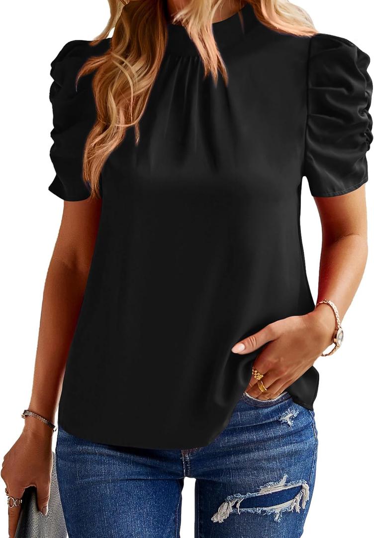 BTFBM Women's Summer Boho Shirt Top Ruffle Short Sleeve Frill Trim Mock Neck Floral Solid 2025 Casual Blouses Shirts Tops (Medium)