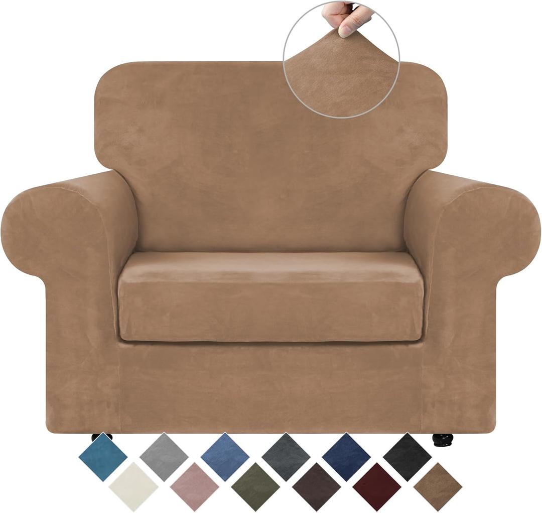 WEERRW Velvet Stretch Chair Sofa Slipcover - 2 Pieces Luxury Soft Velvet Plush Couch Cover Furniture Protector with Elastic Bottom for Pets, Machine Washable, Camel, Small
