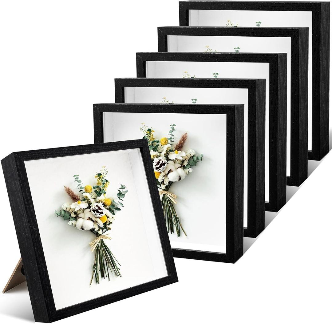 6 Pack Shadow Box Picture Frame,Wood Square Shadow Boxes Display Cases,1.2 Inch Interior Depth 3D Frames Shadow Box for Pictures, Flowers, Medals, Memorabilia,Tickets(8 x 8 Inch)
