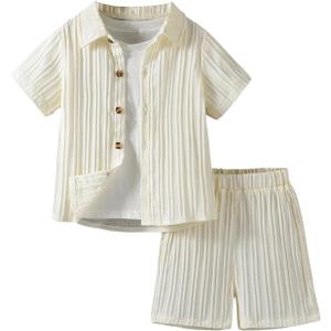 SweatyRocks Boy's 2 Piece Outfits Short Sleeve Collar Button Down Shirt and Shorts Clothing Set (3-4T, White) SweatyRocks Boy's 2 Piece Outfits Short Sleeve Collar Button Down Shirt and Shorts Clothing Set (3-4T, White)