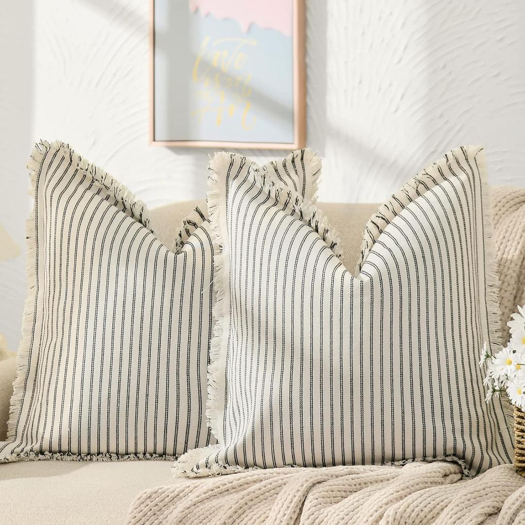 ZWJD Throw Pillow Covers 26x26 Set of 2 Striped Pillow Covers with Fringe Chic Cotton Decorative Pillows Square Cushion Covers for Sofa Couch Bed Living Room Farmhouse Decor (26" x 26" (Pack of 2), Black)
