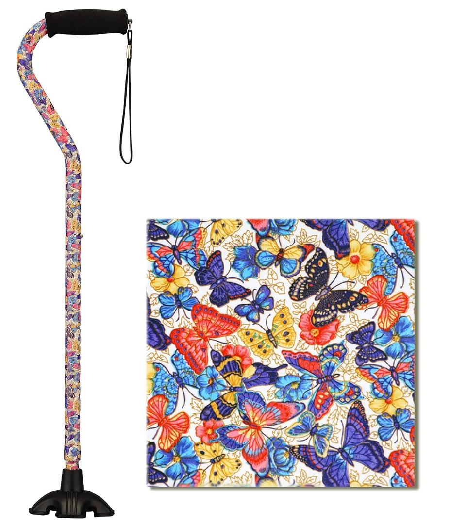 Nova Joy Designer Offset Quad Cane for Seniors - Unisex Adjustable Lightweight Walking Aid with Foam Handle, Wrist Strap and Anti-Rattle Lock - Essential Mobility Support - Butterfly Symphony, 1 Count