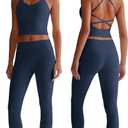 Women 2 Piece Workout Sets Halter Tank Top Wide Leg Leggings (Blue)