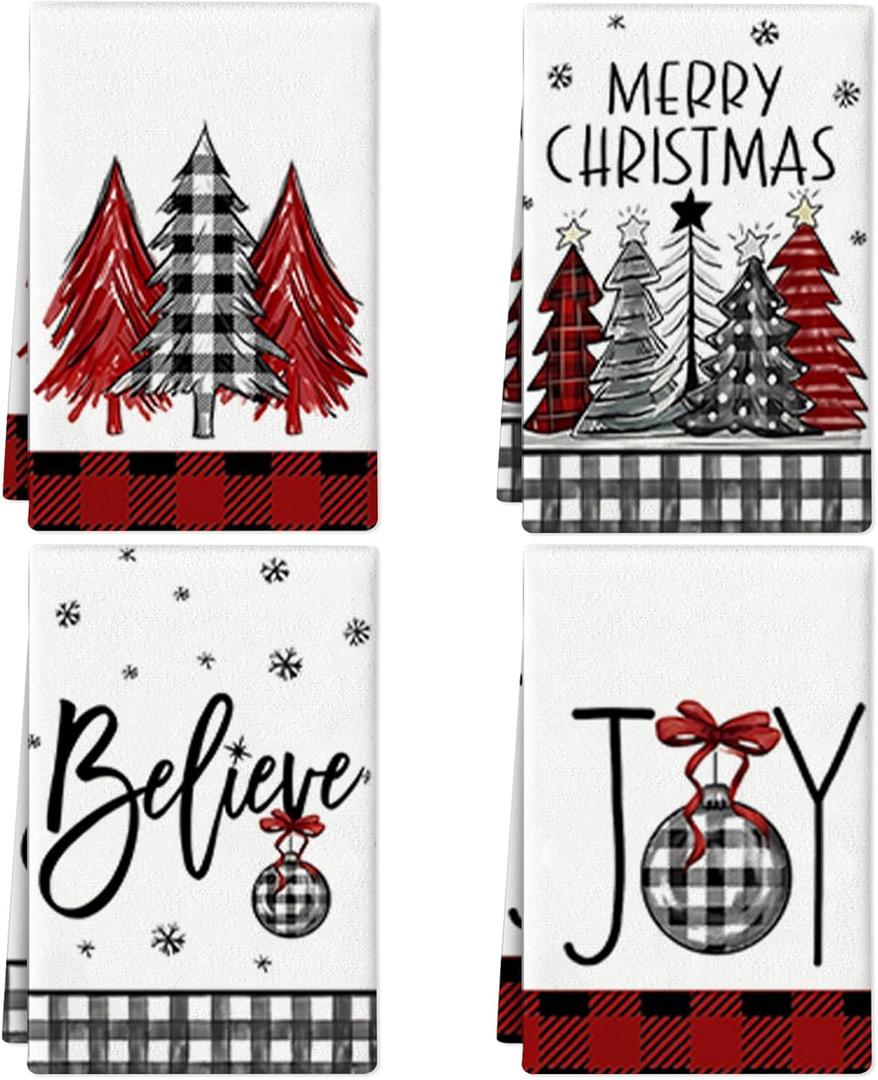 Buffalo Plaid Christmas Kitchen Towels 16x24 Inch Red Black Hand Towels for Kitchen,Christmas Decorations for Bathroom,Festive Holiday Dish Cloths for Xmas Winter Home Indoor Decor Set of 4