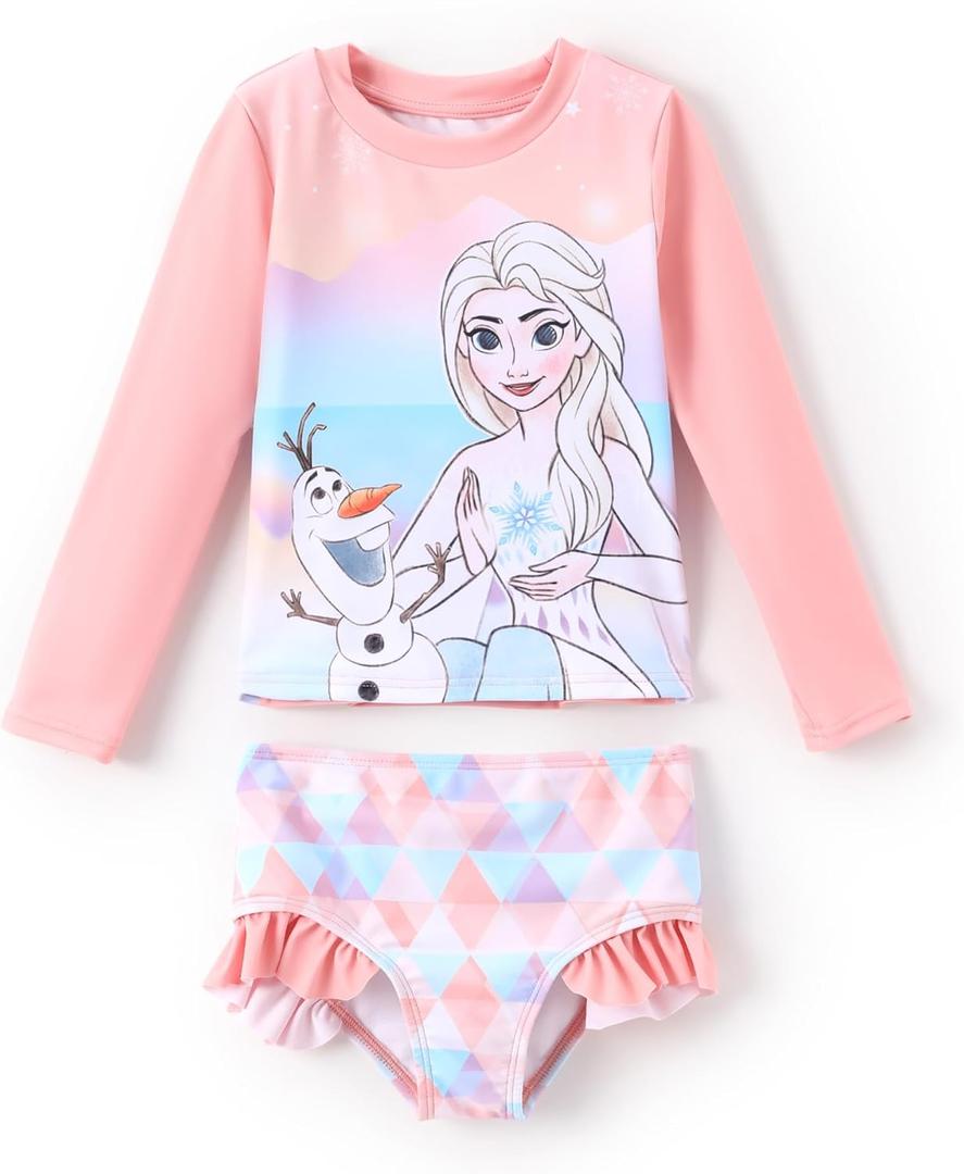 Disney Mickey and Friends Girl Two Piece Long Sleeve Swimsuit Rashguard Bathing Suit (6 Years, Disney Elsa-Pink)
