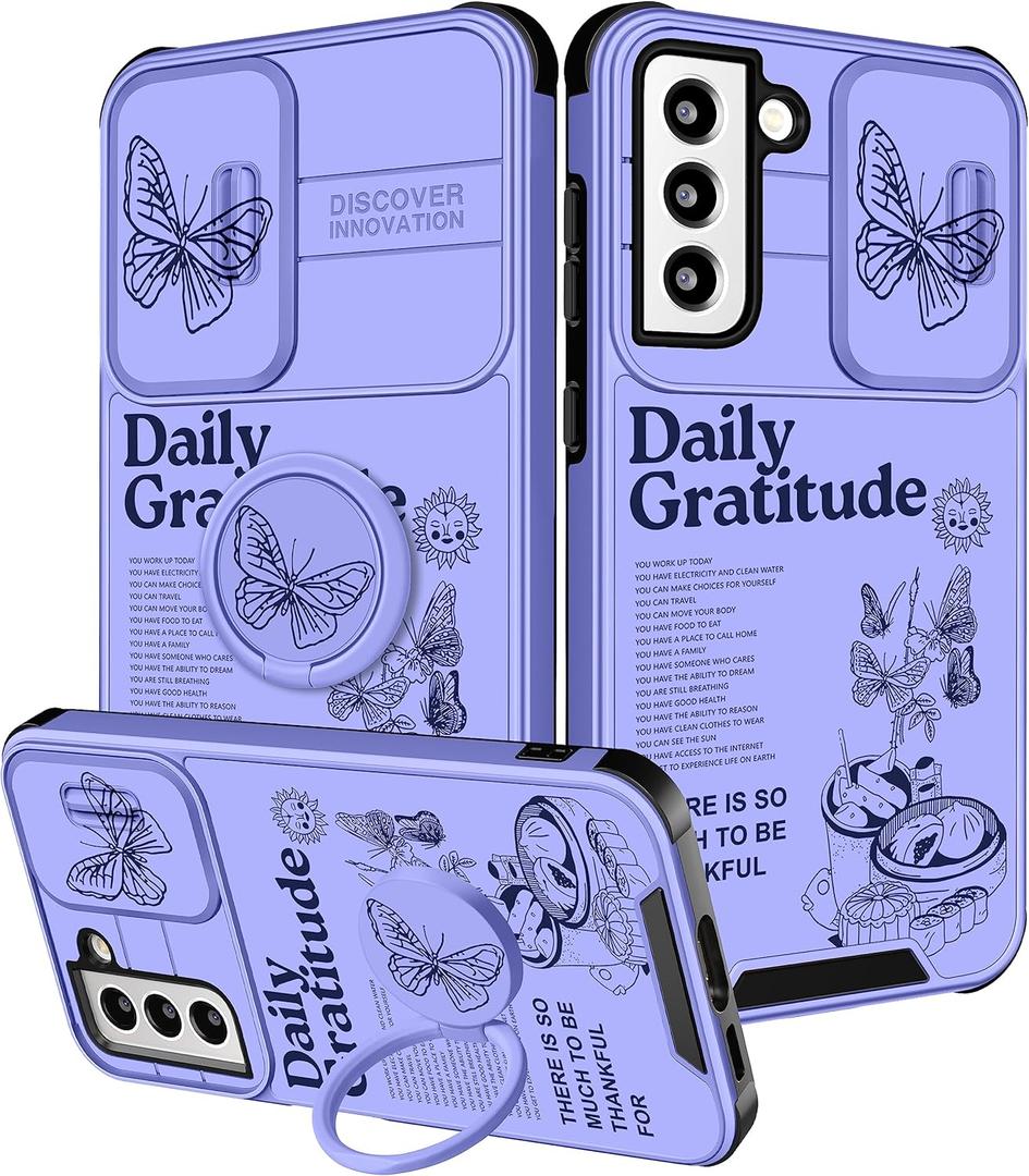 for Samsung Galaxy S22 Plus Case - Women Cute Girls Cover Butterfly Girly Aesthetic Purple Butterfly Unique Design with Camera Cover + Ring Stand Funda for Galaxy S22 Plus Phone Case