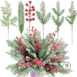 70PCS Christmas Snowy Pine Branches Greenery - Artificial Pine Needles Branches with Red Berry Stems Fake Frosted Cedar Pine for DIY Christmas Tree Xmas Wreath Garland Crafts Winter Home Decorations