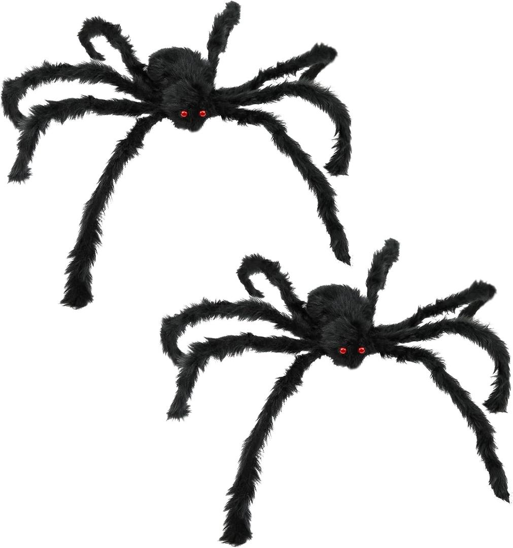 JAMIEWIN Giant Spider for Halloween Decoration 2 Pack, 55 inch Large Hairy Fake Spider Props, Scary Halloween Spider Decoration Outdoor Indoor House Party Yard