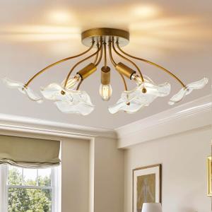 Luvkczc Semi Flush Mount Ceiling Light, Modern Gold Ceiling Light Fixture, Vintage Brass Lighting for Kitchen Entryway Hallway Bathroom Bedroom Foyer, 3 Light E12 Socket