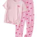 RoseSeek Women's 2 Piece PajamaSet Bow Graphic T Shirts and Striped Wide Leg Pants Pj Ser Soft Sleepwear Multicolor Medium