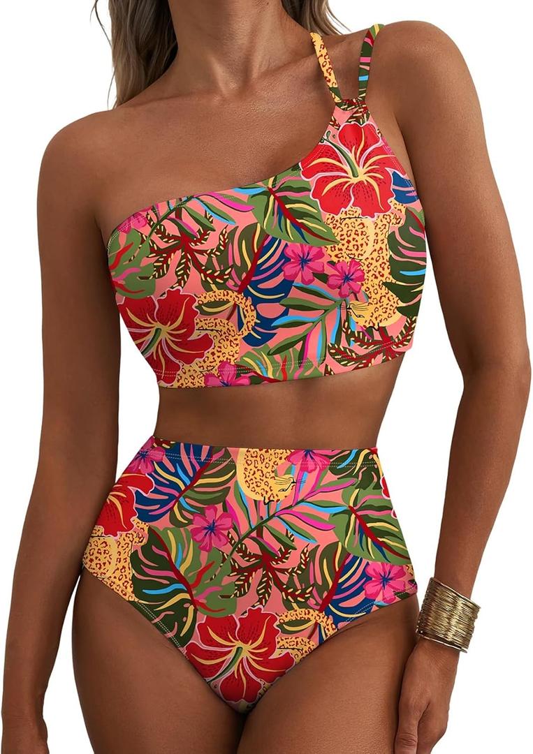 Herseas Women's High Waisted Bikini Sets One Shoulder Floral Print Swimsuits 2 Piece Tummy Control Bathing Suits (Large, Tropical Animal Print)