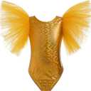 ODASDO Gymnastics Leotard for Girl Tulle Sleeve One Piece Bodysuit Glitter Shiny Metallic Ballet Dance Top Halloween Costume (Gold)