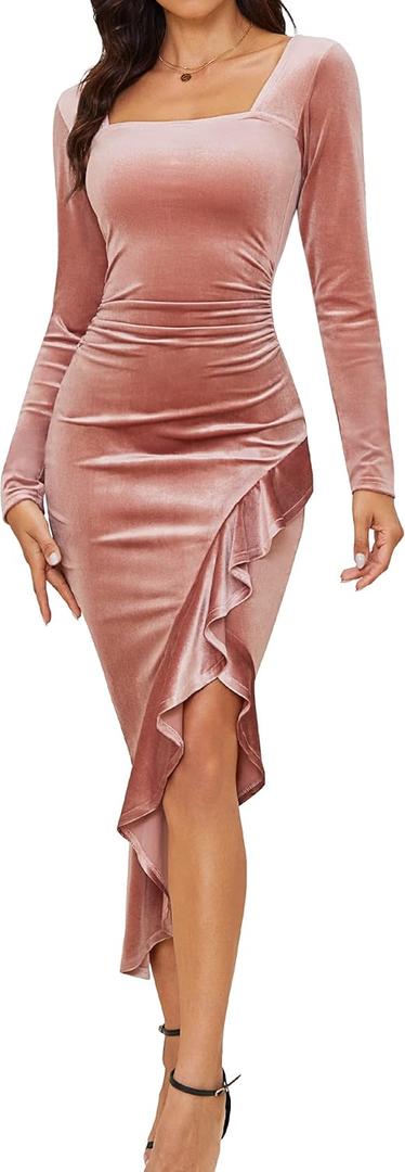 NASHALYLY Elegant Velvet Dress for Women,Sexy Long Sleeve Bodycon Mermaid Dress Ruched Cocktail Party Wedding Square Neck (Pink)