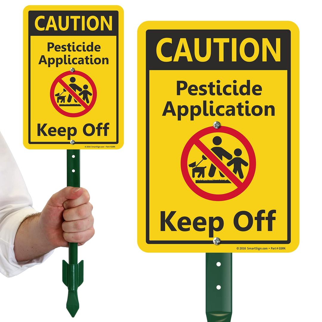 SmartSign 10 x 7 inch Caution - Pesticide Application, Keep Off Yard Sign and Stake Kit, 40 mil Laminated Rustproof Aluminum, Black/Red on Yellow, Set of 1, Made in USA