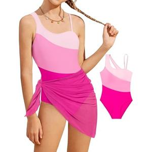 Girl's One Piece Swimsuits Color Block Cutout One Shoulder Bathing Suit with Mesh Cover Up 1 Piece Swimsuit Swimwear 9-10Y