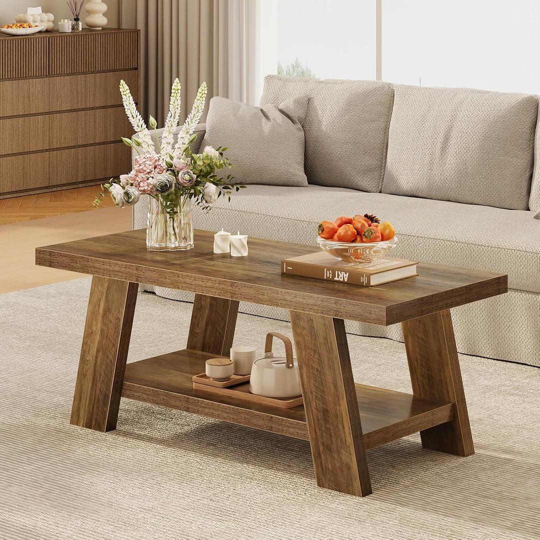 Tohomeor 47.24" Coffee Table for Living Room, Farmhouse Solid Wood Coffee Table with Storage, Rectangle Rustic Accent Center Table with for Home Apartment Office, Retro Brown