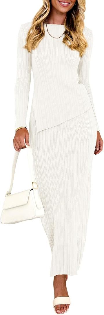 PRETTYGARDEN Women 2 Piece Outfits Long Sleeve Asymmetric Slit Hem Tops Midi Bodycon Skirt Sets Lounge Knit Sweater Set (Medium, White)