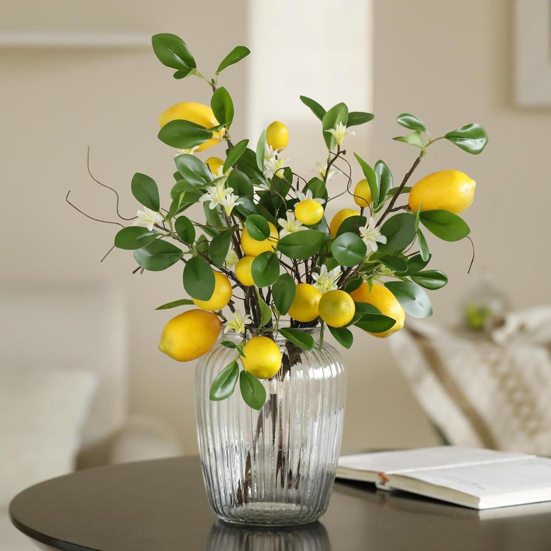 Laelfe Artificial Lemons Branches, 8 Head Faux Lemons with Stem Fake Lemon Themed for Kitchen Decoration Party Farmhouse Decor (Yellow)