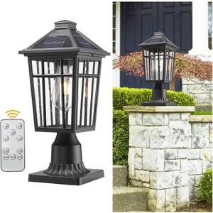Darkaway Solar Post Lights Lamp Outdoor Pole Light Fixture, Dusk to Dawn Aluminum Outside Lighting with Remote, Solar Pole Lamp Fence Deck Post Lighting for Garden, Patio, Pathway (15inch, Black-S16)