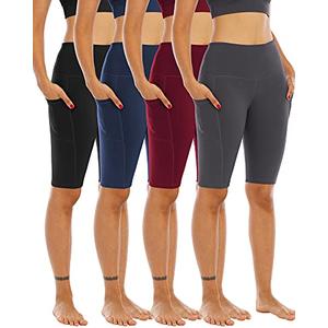 WHOUARE 4 Pack Biker Yoga Shorts with Pockets for Women,High Waisted Athletic Running Workout Gym Shorts Tummy Control,Black,Navy,Dark Gray,Burgundy,3XL