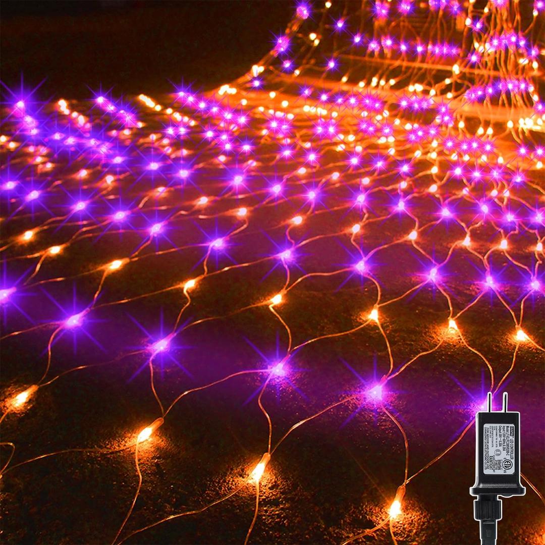 WATERGLIDE Outdoor Halloween Net Lights, 12FT x 5FT 360 LED Fairy String Light with 8 Lighting Modes, Connectable Light Safe Adaptor for Garden Tree Bushes Holiday Party Decorations, Orange & Purple
