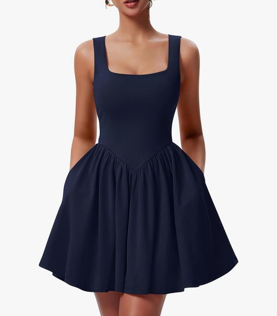 YMDUCH Women's Summer Sleeveless Square Neck A-line Ruffle Hem Mini Tank Dress with Pockets
Size L