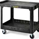 ELAFROS Large Heavy Duty Plastic Utility Cart Flat top 42.5 x 25 Inch - Work Cart Flat Shelves and Full Swivel Wheels Holds up to 550 lbs - 2 Tier Service Cart for Warehouse,Garage, Cleaning Black