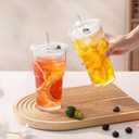 GOSCHE 20oz Glass Tumblers with Straws and Lids, Ribbed Iced Coffee Cups Leak-proof, Dishwasher Safe, Thickened Glass Cups with Lids Ideal for Coffee and Travel, Clear, 4 Pack