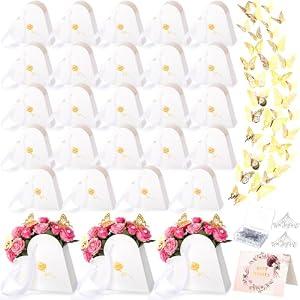 Fullhawl 24 Sets Heart Flower Boxes for Mother's Day, Bouquet Flower Arrangement Gift Boxes with Gold Butterflies Pins and Cards, Floral Gift Packaging for Mom Florist Bouquet DIY(White)
