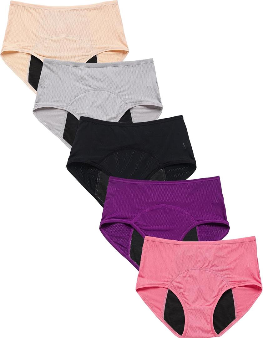 Womens Mesh Period Panties High Waisted Menstrual Leak Proof Underwear Incontinence Protective Briefs(H-4-5-1,Large) Black, 2Beige