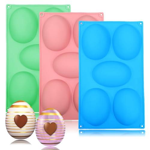 3 Pack 3D Big Easter Egg Silicone Molds, 5 Cavity Egg Shape Non-stick Baking Molds Tray DIY Baking Tool Easter Egg Pan for Chocolate Cake Dessert Muffin Mousse Pastry Handmade Soap Crayons