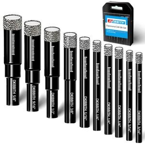 10pc Dry Diamond Core Drill Bits Set, Tile Drill bits for Ceramic Porcelain Marble Granite Stone Glass, Integrated Coolant for Dry Drilling, Round Shank, Size 3/16" 1/4" 5/16" 3/8" 1/2" 9/16" 5/8"