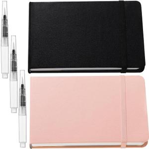 Teling 2 Pcs Watercolor Sketchbook with 3 Brush Pens, 140lb/300gsm Paper, Small Portable Travel Watercolor Journal, Pocket Notebook with Folding Pockets, Tear Away Pages with Dotted Line(7.6" X 5.3")