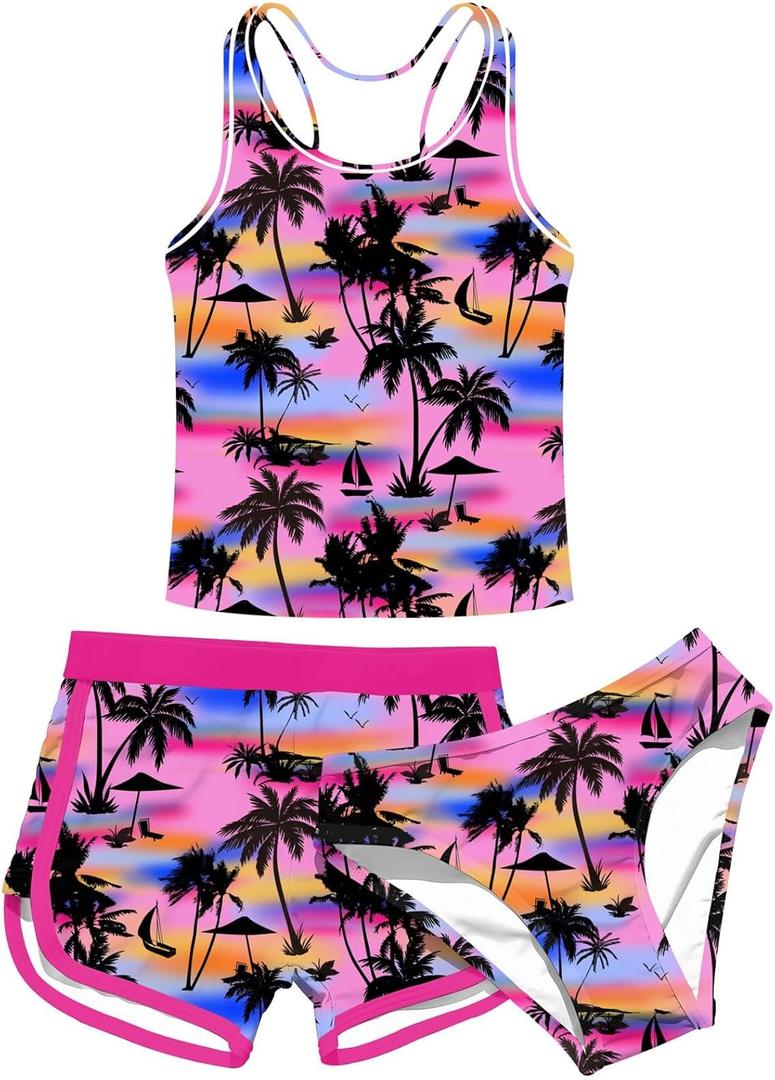 uideazone Girls 3 Piece Bathing Suit Summer UPF 50+ Racerback Swimsuit with Shorts Beach Tankini Sets 8-16 Years (11-12 Years, A2-hawaian Tree)