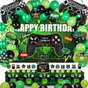 77Pcs Video Game On Theme Party Supplies Sett: Decorations with Happy Birthday Gaming Backdrop, Hanging Swirls, Table Covers, Cake Topper, Foil Gamer Balloons, Multi-Color Balloons. Perfect for Party!