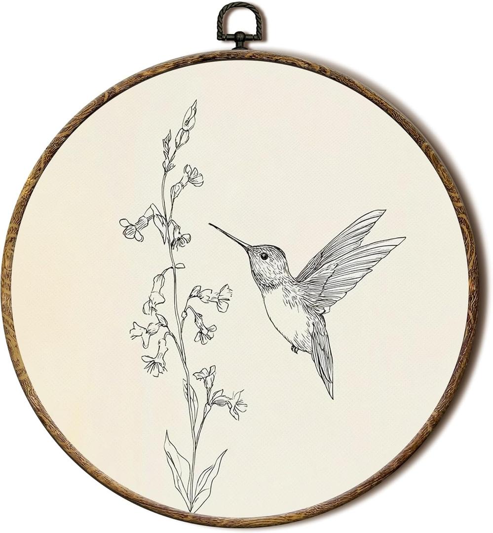 FSTCSV Vintage Hummingbird Flower Round Wall Art Framed, Hummingbird Gifts for Women Canvas Prints Wall Hanging Art, Rustic Bird Pictures Floral Circle Walls Decor for Living Room Bedroom, 10x10in
