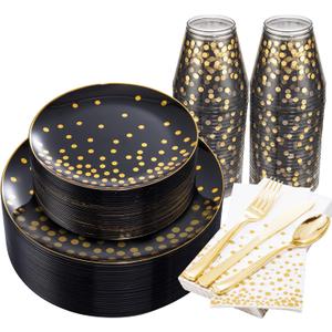U-QE 350PCS Black Gold Plastic Plates - Halloween Black Plastic Dinnerware Sets for 50 Guests - 100 Disposable Plates, 150 Silverware, 50 Cups, 50 Napkins for Halloween & Wedding & Party