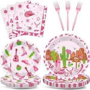 96Pcs Western Cowgirl Party Supplies Paper Plates Napkins Pink Cowgirl Bachelorette Cactus Party Tableware Set Wild West Rodeo Birthday Decorations Favors for Kids Baby Shower Farm Decor Serves 24