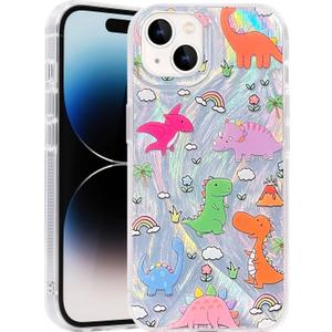 Compatible with iPhone 15 Plus Case,with [Soft Slim][Camera Protection] Cute Kawaii Shiny Aesthetic Phone Cover Anti-Yellowing Shockproof Protective Cover for Women Girl-Dinosaurs