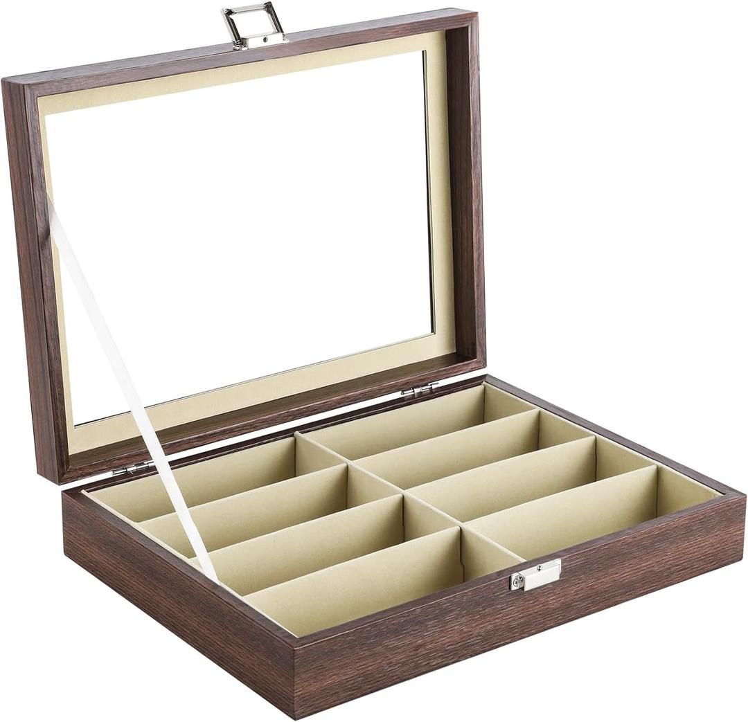 8 Slot Sunglasses Organizer, Leather Multi Eyeglasses Storage Box for Women Men with Clear Glass Cover, Glasses Holder with 8 Slots for Glasses Watches Jewelry, Brown