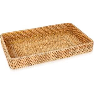 Wicker Storage Basket Rattan Tray Rectangular Wicker Basket Decorative Serving Tray Fruit Baskets Food Serving Holders Woven Baskets for Storage Home Kitchen Restaurant Decor (14.6 x 9 x 2 inches)